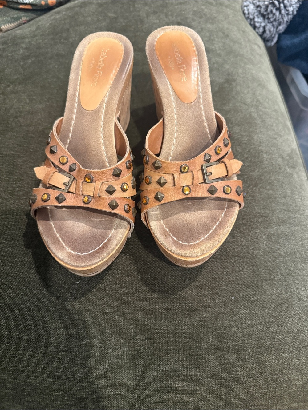 Isabella Fiore Tan Studded Leather Wedge Sandals